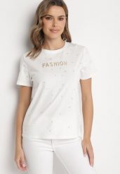 Biały T-shirt z Bawełny z Cyrkoniami i Napisem Nalanielle. Białe t-shirty damskie Born2be, m, bez wzorów, z bawełny, bez kołnierzyka. Za 39.99 zł.