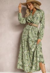 Jasnozielona Sukienka Maxi z Kołnierzykiem i Plecionym Paskiem Pertitus. Zielone sukienki damskie Renee, l, z aplikacjami, eleganckie, bez kołnierzyka, bez ramiączek, maxi, kopertowe. Za 109.99 zł.