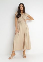 Beżowa Sukienka Kopertowa Chloriera. Brązowe sukienki damskie Born2be, na imprezę, m, bez wzorów, z tkaniny, eleganckie, bez kołnierzyka, bez ramiączek, maxi, kopertowe. W wyprzedaży za 111.99 zł.