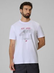 4F T-shirt regular z nadrukiem męski - biały XXL. Białe t-shirty męskie 4f, m, bez wzorów, z materiału, bez kołnierzyka. Za 69.99 zł.
