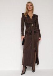 Brązowa Elegancka Sukienka z Trenem i Rozcięciem Atissa. Brązowe sukienki damskie Born2be, na imprezę, m, z aplikacjami, eleganckie, bez kołnierzyka, bez ramiączek, dopasowane. Za 149.99 zł.