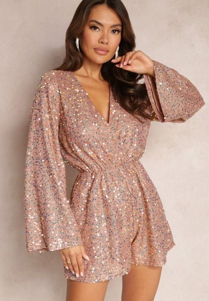 Różowy Kombinezon o Kopertowym Fasonie z Gumką w Pasie Ozdobiony Cekinami Nrevia. Czerwone kombinezony damskie Renee, m, bez wzorów, bez kołnierzyka, bez ramiączek. Za 99.99 zł.