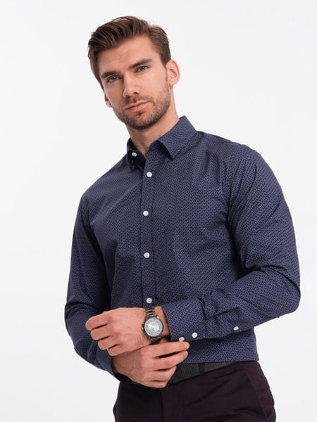 Męska koszula bawełniana we wzory SLIM FIT - ciemnoniebieska V1 - Rozmiar: L. Niebieskie koszule męskie Ombre Clothing, l, bez wzorów, z bawełny, bez kołnierzyka, bez ramiączek. W wyprzedaży za 79.99 zł.
