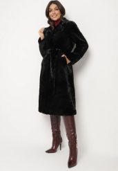 Czarny Płaszcz Futrzany Dwurzędowy w Stylu Szlafroka Izarethia. Czarne płaszcze damskie Born2be, l, z aplikacjami, z futra, eleganckie. Za 379.99 zł.