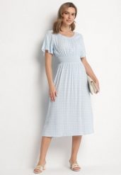 Jasnoniebieska Sukienka z Bawełny Rozkloszowana w Kropki Toliennea. Niebieskie sukienki damskie Born2be, na co dzień, na lato, l, bez wzorów, z bawełny, bez kołnierzyka, bez ramiączek, rozkloszowane. Za 49.99 zł.