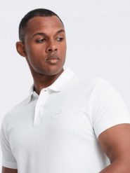 Jednokolorowa koszulka męska polo BASIC z dzianiny pique - biała V4 OM-POBS-0100 - XXL. Białe koszulki polo męskie Ombre Clothing, l, z aplikacjami, z bawełny, bez ramiączek. Za 77.99 zł.