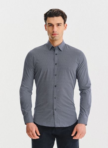 PAKO LORENTE – Granatowa koszula w kwiaty. Koszule męskie Pako Lorente, xl, bez wzorów, z bawełny, bez kołnierzyka, bez ramiączek. Za 199.99 zł.