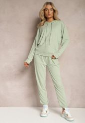 Jasnozielony Klasyczny Komplet Dresowy z Bluzą Kangurką i Spodniami Typu Jogger Salevia. Zielone bluzy bez kaptura damskie Renee, m, z dresówki. Za 74.99 zł.