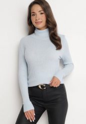 Niebieski Prążkowany Golf o Dopasowanym Kroju Ahezza. Niebieskie golfy damskie Born2be, m, bez wzorów, prążkowane, bez ramiączek. Za 59.99 zł.