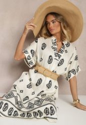 Czarno-Kremowa Sukienka z Wiskozy w Stylu Boho o Pudełkowym Kroju z Rozcięciami Virbia. Czarne sukienki damskie Renee, na co dzień, l, bez wzorów, z wiskozy, boho, bez kołnierzyka, bez ramiączek, midi. W wyprzedaży za 69.99 zł.