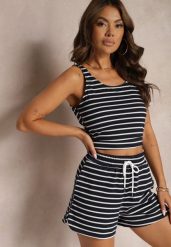Granatowe Szorty Dresowe High Waist z Bawełny w Paski Ściągane Troczkiem Celisea. Niebieskie szorty damskie Renee, bez wzorów, z bawełny, eleganckie, z podwyższonym stanem. Za 59.99 zł.