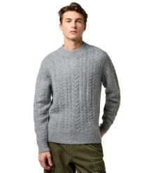MESKI SWETER WRANGLER CABLE KNIT SWEATER GREY HEATHER 112371666. Brązowe swetry męskie Wrangler, xl, bez wzorów, bez kołnierzyka. Za 169.99 zł.