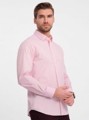 Bawełniana klasyczna koszula REGULAR - jasnoróżowa V2 OM-SHOS-0154 - XL. Czerwone koszule męskie Ombre Clothing, l, bez wzorów, z bawełny, bez kołnierzyka, bez ramiączek. W wyprzedaży za 79.99 zł.
