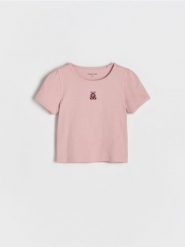 Prążkowany t-shirt z haftem - pastelowy róż. Czerwone koszulki dziewczęce Reserved, m, bez wzorów, z bawełny, bez ramiączek. W wyprzedaży za 19.99 zł.