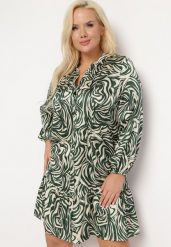 Zielono-Beżowa Sukienka Mini z Falbanką i Abstrakcyjnym Wzorem Ovina. Zielone sukienki damskie Born2be, l, bez wzorów, bez kołnierzyka, bez ramiączek, mini, rozkloszowane. W wyprzedaży za 95.99 zł.
