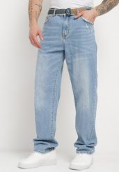 Niebieskie Jeansy Regular Bawełniane z Materiałowym Paskiem Hisperwa. Niebieskie jeansy męskie Born2be. Za 129.99 zł.
