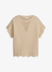 Sweter z krótkim rękawem z błyszczącą nicią. Brązowe swetry klasyczne damskie bonprix, bez kołnierzyka. Za 47.99 zł.