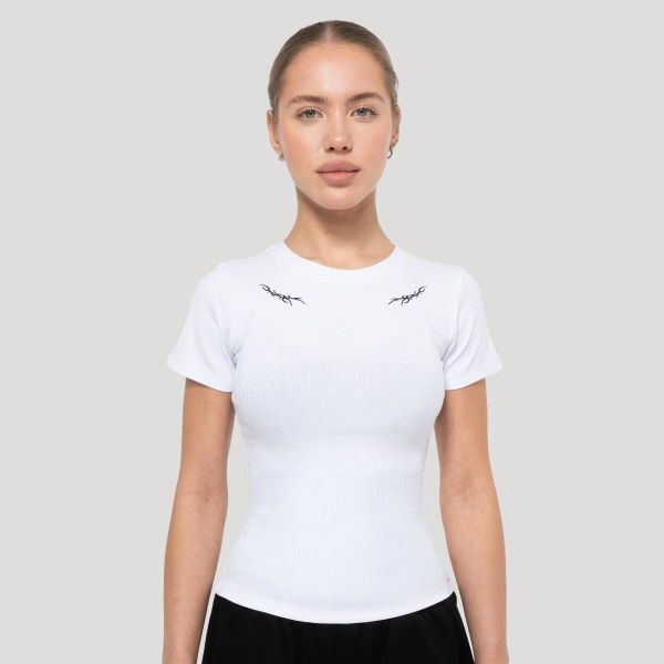 Koszulka damska fitness slim biała Tribal Ribbed. Białe bluzki sportowe damskie GYMBEAM, xl, bez wzorów, z dzianiny, bez kołnierzyka. Za 105.90 zł.