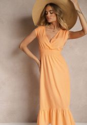 Pomarańczowa Kopertowa Sukienka z Wiskozy Zdobiona Falbanką Ularisela. Brązowe sukienki damskie Renee, na co dzień, l, z aplikacjami, z wiskozy, eleganckie, bez kołnierzyka, bez ramiączek, midi, kopertowe. W wyprzedaży za 52.49 zł.