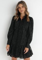 Czarna Sukienka Toppey. Czarne sukienki damskie Born2be, s, w ażurowe wzory, z koronki, boho, bez kołnierzyka, bez ramiączek, mini. Za 199.99 zł.