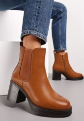 Brązowe Botki za Kostkę na Słupku Gofaria. Brązowe botki damskie Renee, za kostkę, bez obcasa, na obcasie, bez zapięcia. Za 139.99 zł.