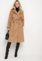 CIemnobeżowy Długi Dwurzędowy Płaszcz z Paskiem Senoriel. Brązowe płaszcze damskie Born2be, na zimę, xl, bez wzorów, z jeansu, eleganckie. Za 139.99 zł.