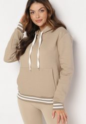 Beżowa Bawełniana Bluza z Kapturem i Ściągaczami w Paski Nempis. Brązowe bluzy z kapturem damskie Born2be, na zimę, z bawełny. Za 99.99 zł.