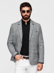 Marynarka męska o kroju REGULAR z lnem - grafitowa V5 - Rozmiar: L. Czarne marynarki męskie Ombre Clothing, bez wzorów, z jeansu. Za 419.99 zł.
