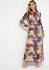 Fioletowo-Żółta Sukienka Siateczkowa Maxi w Abstrakcyjny Wzór Tie-Dye Orelad. Fioletowe sukienki damskie Born2be, m, bez wzorów, bez kołnierzyka, bez ramiączek, maxi. W wyprzedaży za 135.99 zł.