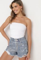 Niebieskie Bawełniane Szorty Jeansowe z Wysokim Stanem Galagia. Niebieskie szorty damskie Born2be, bez wzorów, z bawełny, eleganckie, z podwyższonym stanem. Za 44.99 zł.