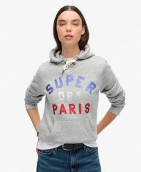 Bluza z kapturem z błyszczącym logo graficznym. Szare bluzy z kapturem damskie Superdry., m, z bawełny. Za 294.90 zł.
