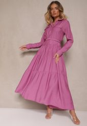 Fioletowa Rozkloszowana Sukienka z Wiskozy z Guzikami i Paskiem Ronesa. Fioletowe sukienki damskie Renee, na co dzień, l, bez wzorów, z wiskozy, eleganckie, bez kołnierzyka, bez ramiączek, maxi, proste. Za 129.99 zł.