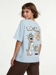 Bawełniana koszulka z krótkim rękawem Tom and Jerry - błękitny. Niebieskie t-shirty damskie Sinsay, l, bez wzorów, z bawełny, bez kołnierzyka. Za 39.99 zł.