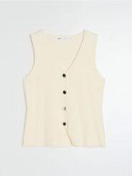 Swetrowa kamizelka z wiskozą i ozdobnymi guzikami - kremowy. Białe kamizelki damskie Sinsay, l, z wiskozy. Za 45.99 zł.