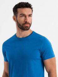 Męski klasyczny bawełniany T-shirt BASIC - niebieski V12 OM-TSBS-0236 - XXL. Niebieskie t-shirty męskie Ombre Clothing, l, bez wzorów, z bawełny, bez kołnierzyka. W wyprzedaży za 39.99 zł.