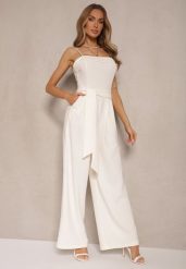 Jasnobeżowy Taliowany Kombinezon z Paskiem Desine. Brązowe kombinezony damskie Renee, bez wzorów, eleganckie, bez kołnierzyka, bez ramiączek, długie. Za 74.99 zł.