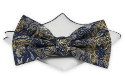 Mucha z Białą Poszetką, Granatowa w Żółto-Szary Wzór Orientalny, Elegancka, Męska -CHATTIER. Niebieskie krawaty i muchy męskie Chattier, bez wzorów, eleganckie. Za 59.00 zł.