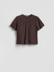 T-shirt z wiązaniem - ciemnobrązowy. Brązowe t-shirty damskie Reserved, l, bez wzorów, z tkaniny, bez kołnierzyka. Za 99.99 zł.