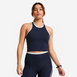Koszulka fitness damska Domyos bez rękawów crop. Niebieskie bluzki sportowe damskie DOMYOS, l, z elastanu, bez kołnierzyka, bez ramiączek. Za 49.99 zł.