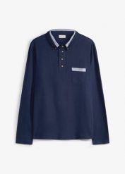 Koszulka polo z czystej bawełny, z detalami w kratę. Niebieskie koszulki polo męskie bonprix, m, bez wzorów, z bawełny, bez ramiączek. Za 97.99 zł.