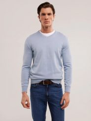 Sweter męski bawełniany z dekoltem v-neck niebieski Vassic 400. Niebieskie swetry męskie Big Star, l, bez wzorów, z bawełny, bez kołnierzyka. W wyprzedaży za 99.99 zł.