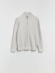 Rozpinany sweter ze stójką - jasnoszary. Szare kardigany męskie Reserved, l, bez wzorów, z bawełny, bez kołnierzyka. Za 159.99 zł.