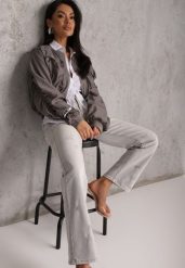 Jasnoszare Proste Jeansy z Bawełną High Waist Ozdobione Przetarciami Vimareas. Szare jeansy damskie Renee, z podwyższonym stanem. Za 129.99 zł.