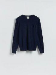 Wełniany sweter z dodatkiem kaszmiru - granatowy. Niebieskie swetry męskie Reserved, l, bez wzorów, z kaszmiru, bez kołnierzyka. Za 299.99 zł.