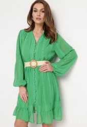 Zielona Sukienka Nesilwyn. Zielone sukienki damskie Born2be, m, bez wzorów, z tkaniny, boho, bez kołnierzyka, bez ramiączek, mini, rozkloszowane. W wyprzedaży za 79.99 zł.