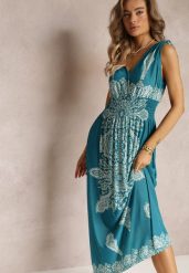 Zielona Długa Sukienka z Wzorem Boho Sznurkami na Ramionach i Gumką w Pasie Hideni. Zielone sukienki damskie Renee, l, bez wzorów, boho, bez kołnierzyka, bez ramiączek, maxi. W wyprzedaży za 52.49 zł.