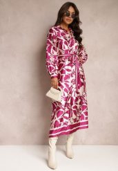 Fioletowa Satynowa Sukienka Koszulowa w Kwiaty z Paskiem Zatwala. Fioletowe sukienki damskie Renee, m, bez wzorów, z materiału, bez kołnierzyka, bez ramiączek, maxi, koszulowe. Za 149.99 zł.