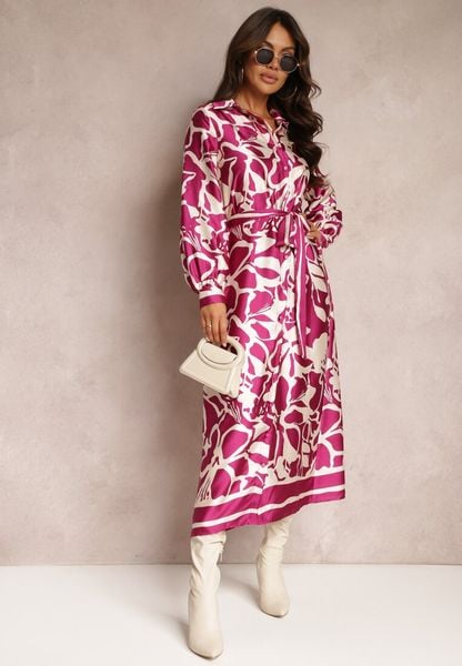 Fioletowa Satynowa Sukienka Koszulowa w Kwiaty z Paskiem Zatwala. Fioletowe sukienki damskie Renee, m, bez wzorów, z materiału, bez kołnierzyka, bez ramiączek, maxi, koszulowe. Za 149.99 zł.