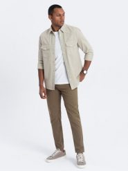 Spodnie męskie chino o dopasowanym kroju - oliwkowe V3 OM-PACP-0151 - XXL. Zielone spodnie materiałowe męskie Ombre Clothing, bez wzorów, z bawełny. Za 179.99 zł.