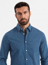 Męska koszula w drobny wzór SLIM FIT - granatowa V1 OM-SHCS-0140 - S. Niebieskie koszule męskie Ombre Clothing, l, bez wzorów, z bawełny, bez kołnierzyka, bez ramiączek. W wyprzedaży za 69.99 zł.